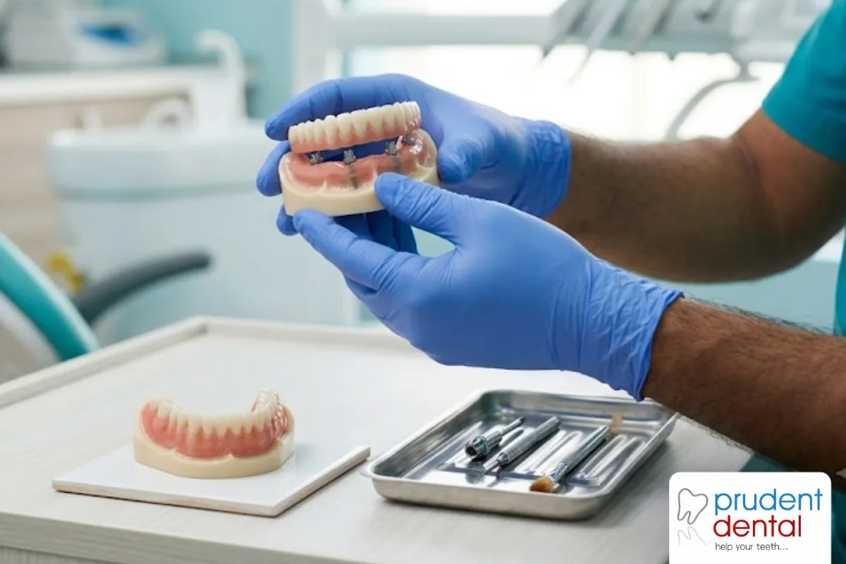 Dentist showing a patient a model of a full-arch implant-supported bridge during a consultation at a dental clinic