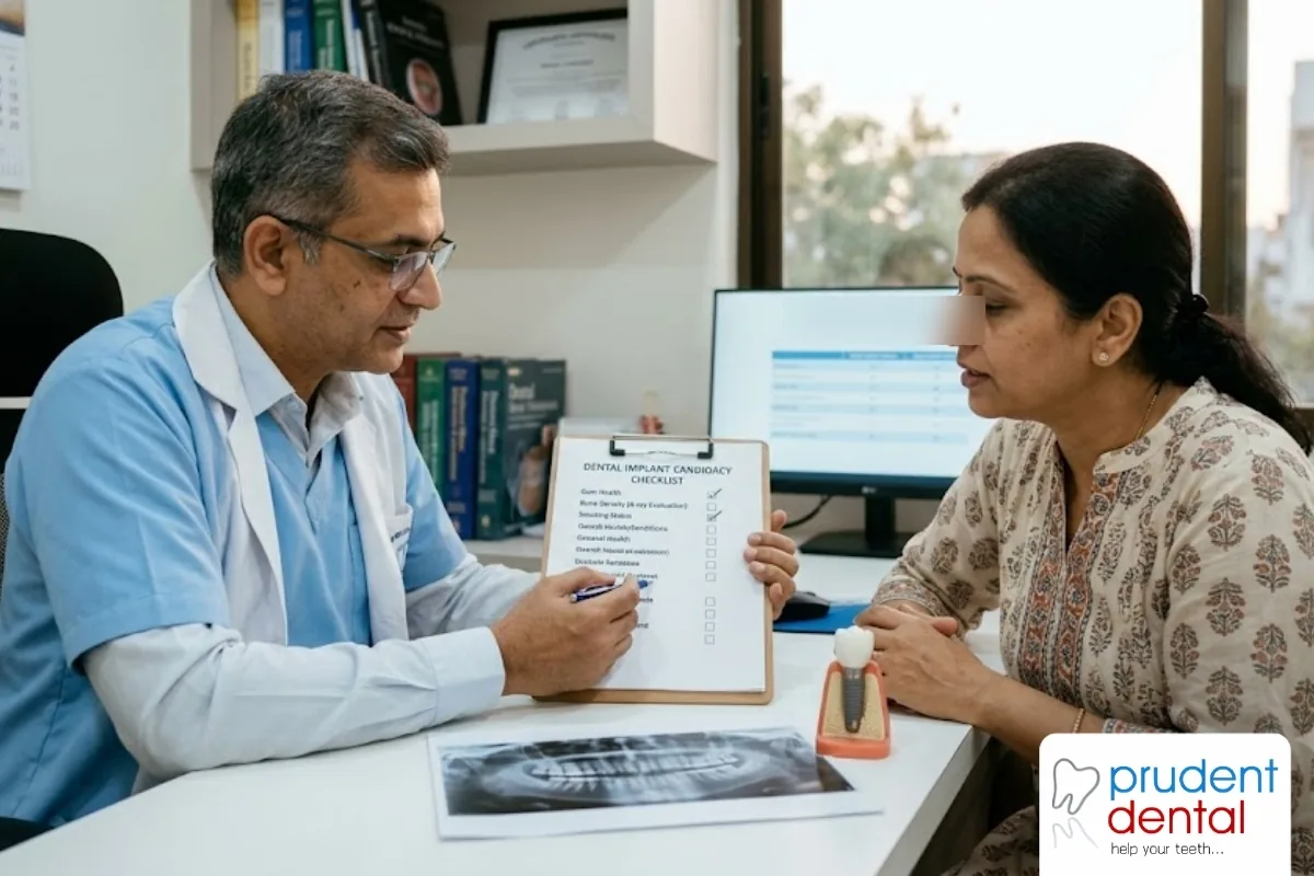 Stock photo of a dentist reviewing a dental X-ray with a patient before planning treatment
