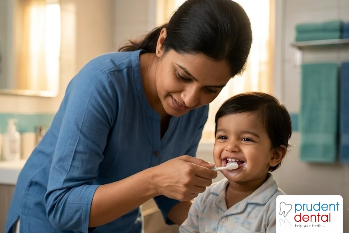 Paediatric dentist examining a young child's teeth during a routine check-up in the dental chair