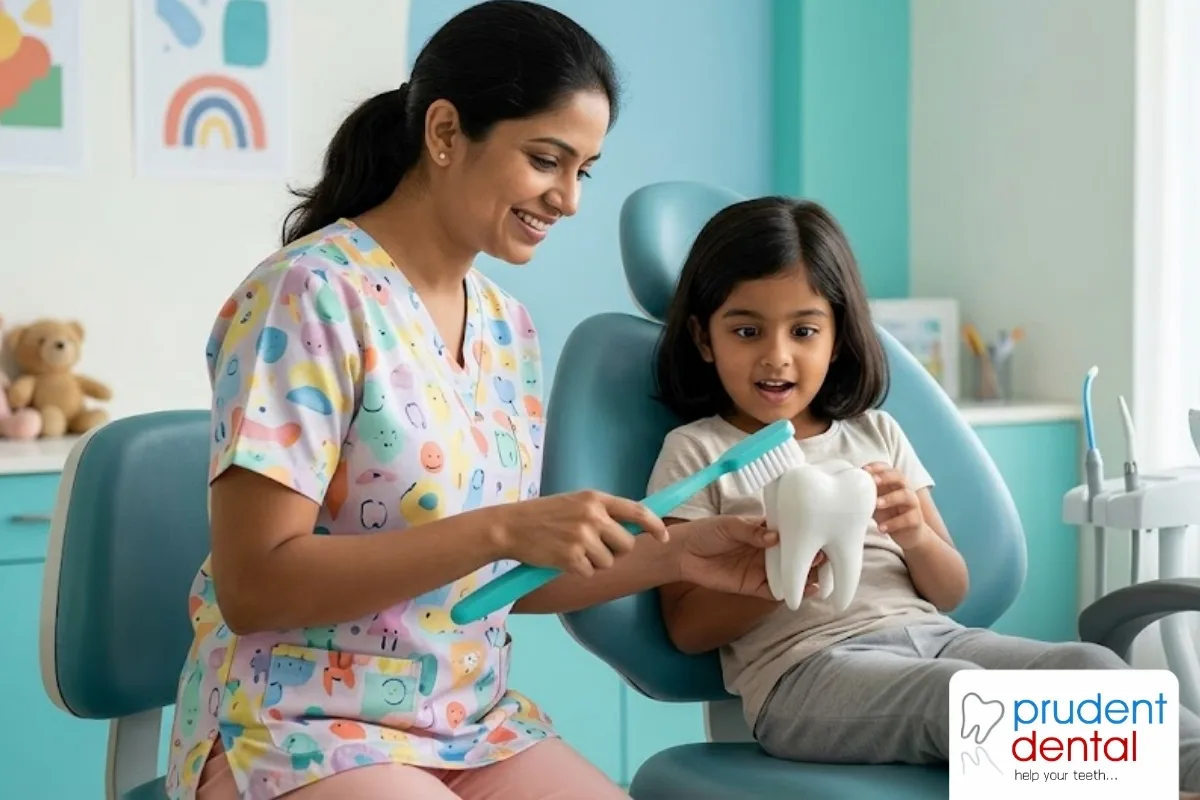 Dentist examining a young child's teeth during a check-up in a dental clinic chair
