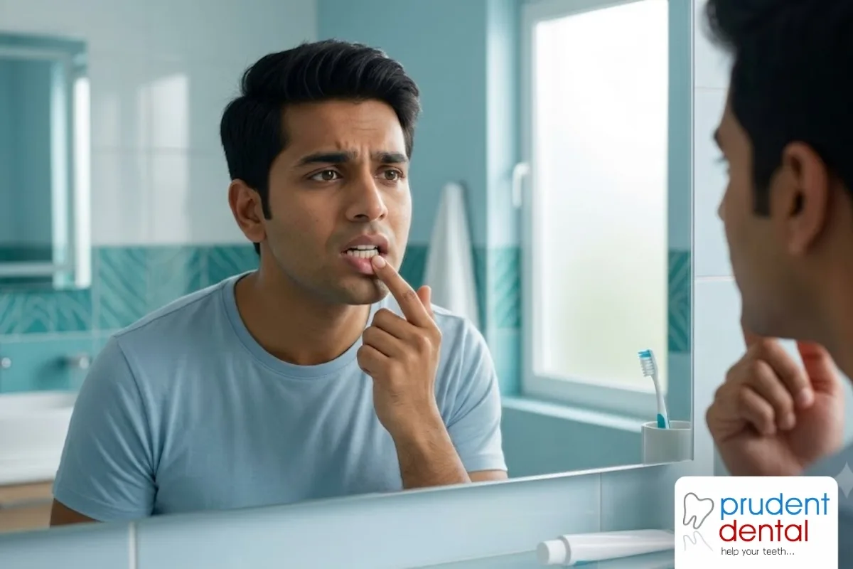 Dentist examining a patient's chipped front tooth in a brightly lit dental clinic treatment room