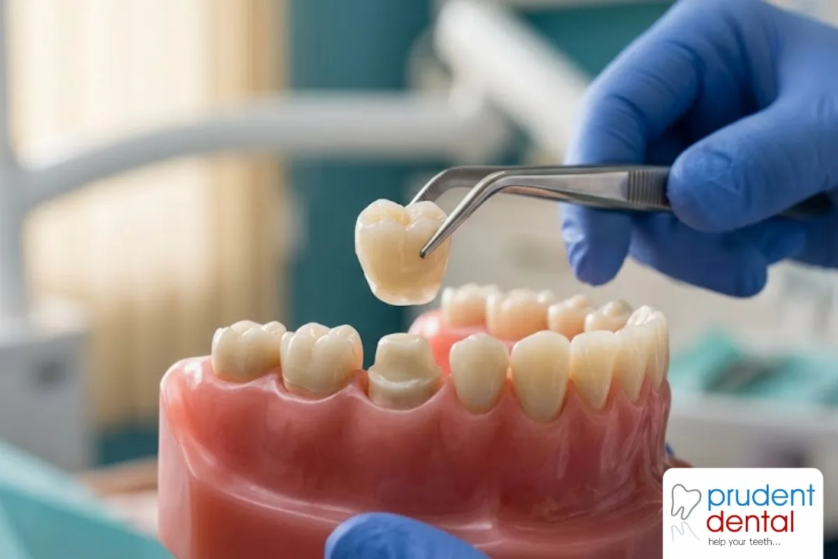 Dentist examining a patient's back tooth during a crown consultation at a dental clinic