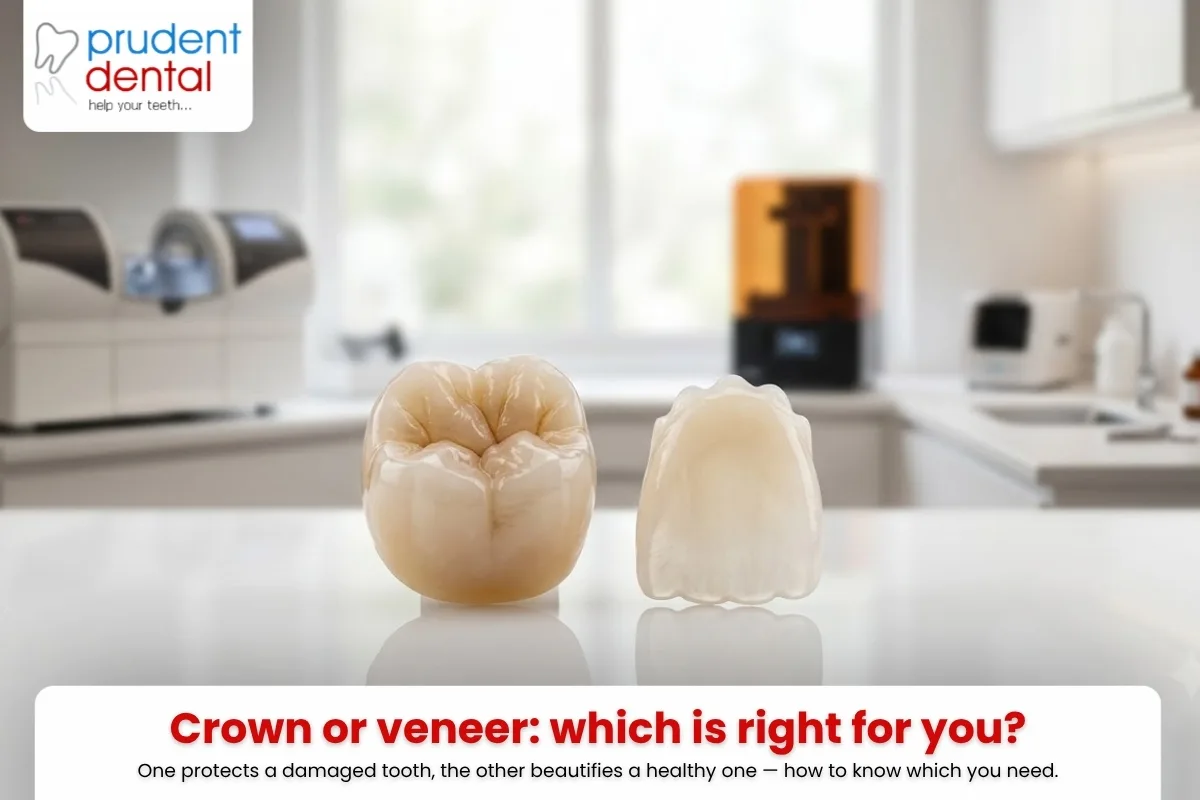 A ceramic dental crown and a thin porcelain veneer shown side by side