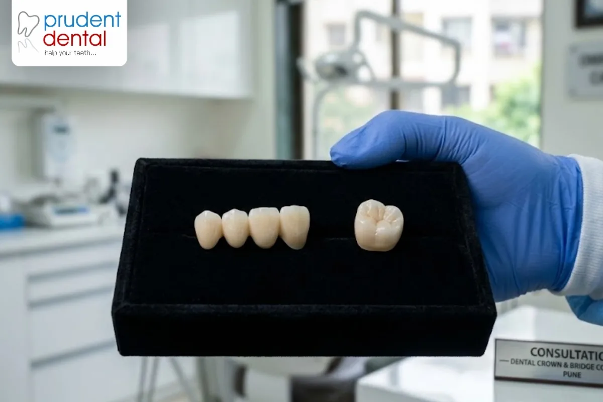 Dental crowns of different materials on a work model, used to explain what affects their cost