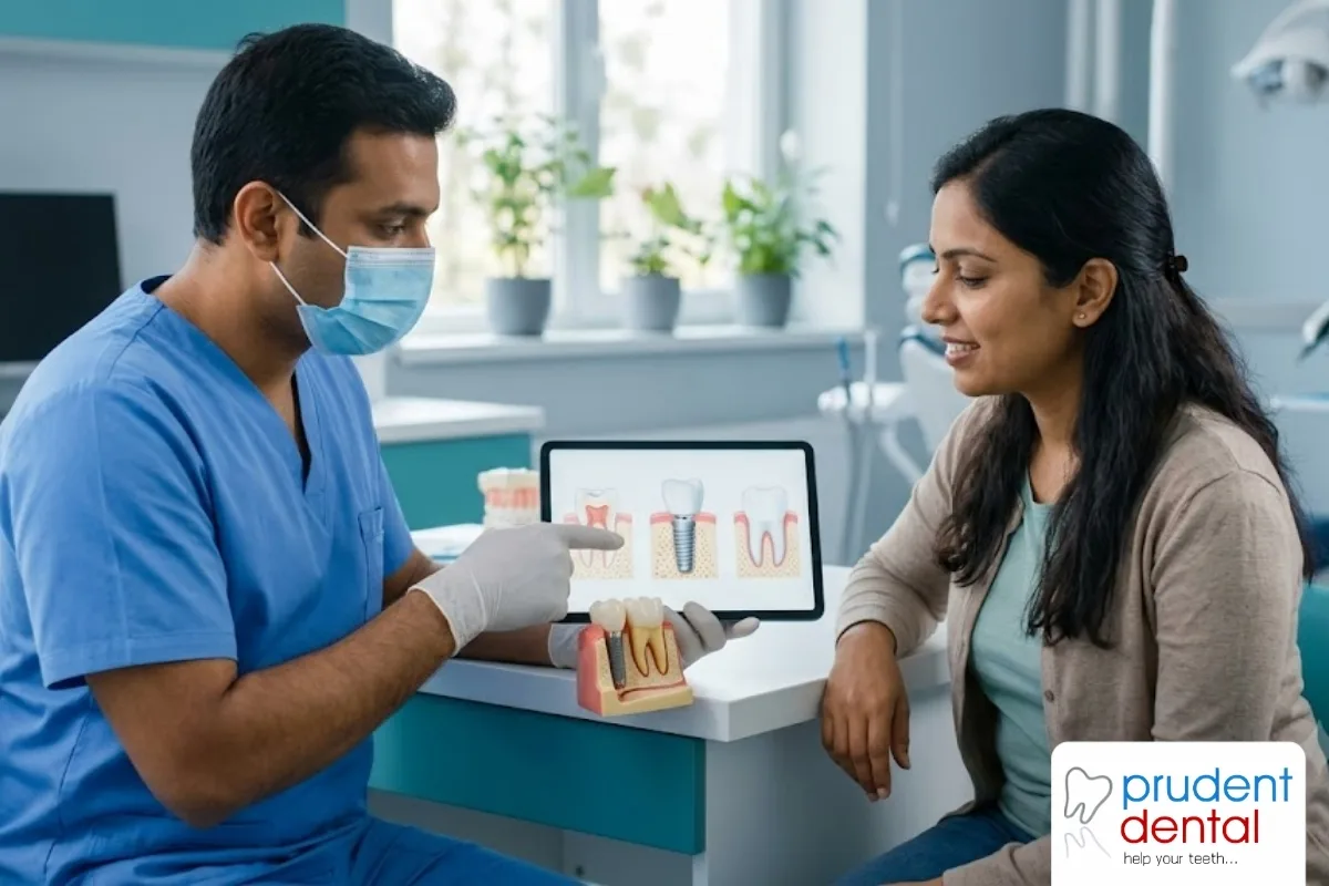 Dentist showing a dental implant model to a seated patient in a clinic treatment room
