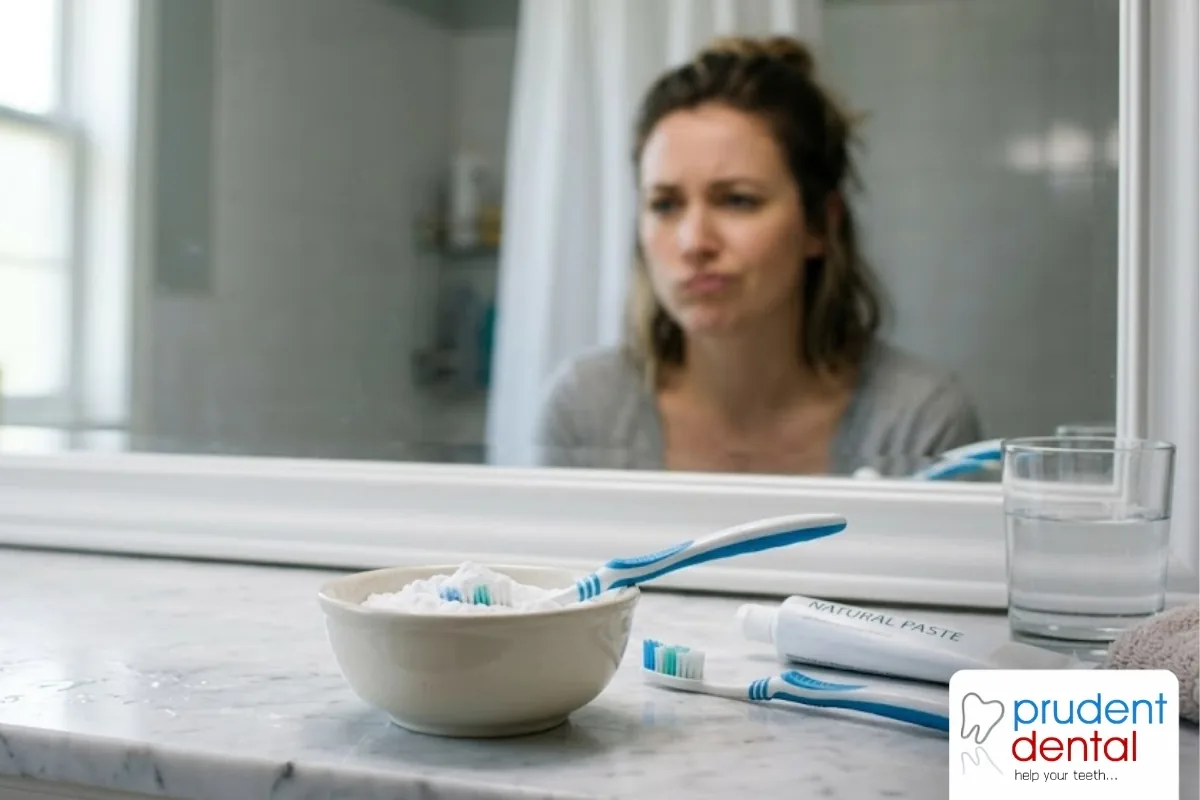 A spoon of baking soda beside a toothbrush, a popular home whitening remedy