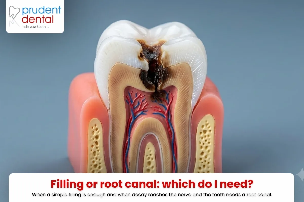 Cross-section dental model showing tooth decay reaching the inner pulp and nerve