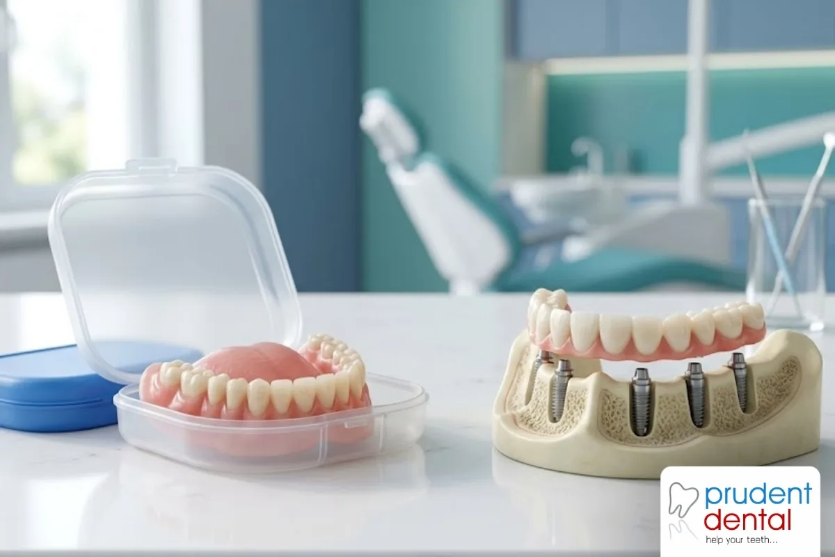 Dentist showing a patient a denture model while discussing fixed and removable tooth replacement options during a clinic consultation