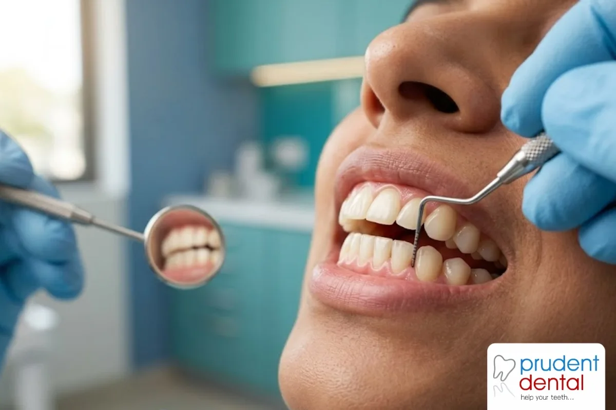 Dentist performing a gum examination on a patient in a dental clinic treatment chair