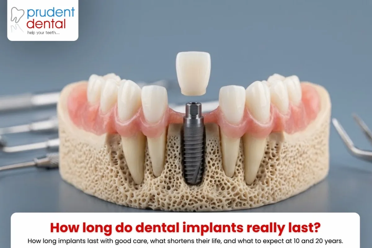 A cross-section jaw model showing a dental implant integrated in bone with its crown
