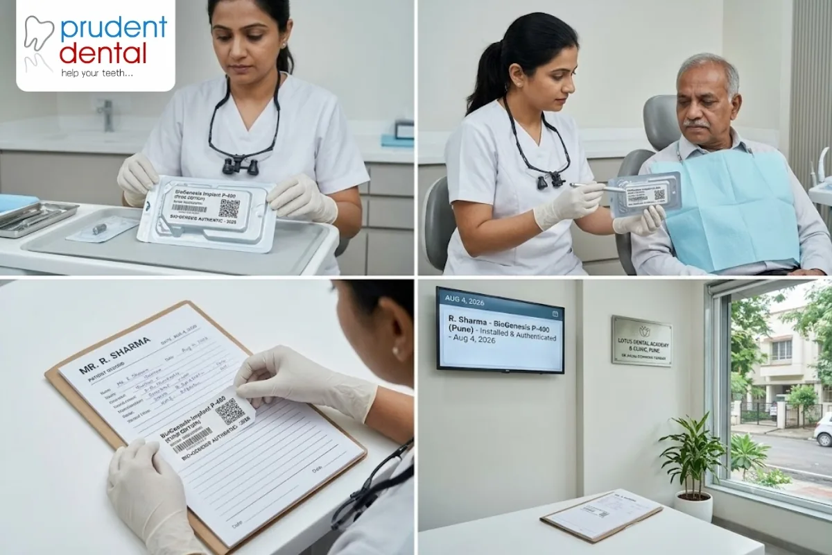 Stock photo of a dentist showing a patient the sealed packaging and label of a dental implant system