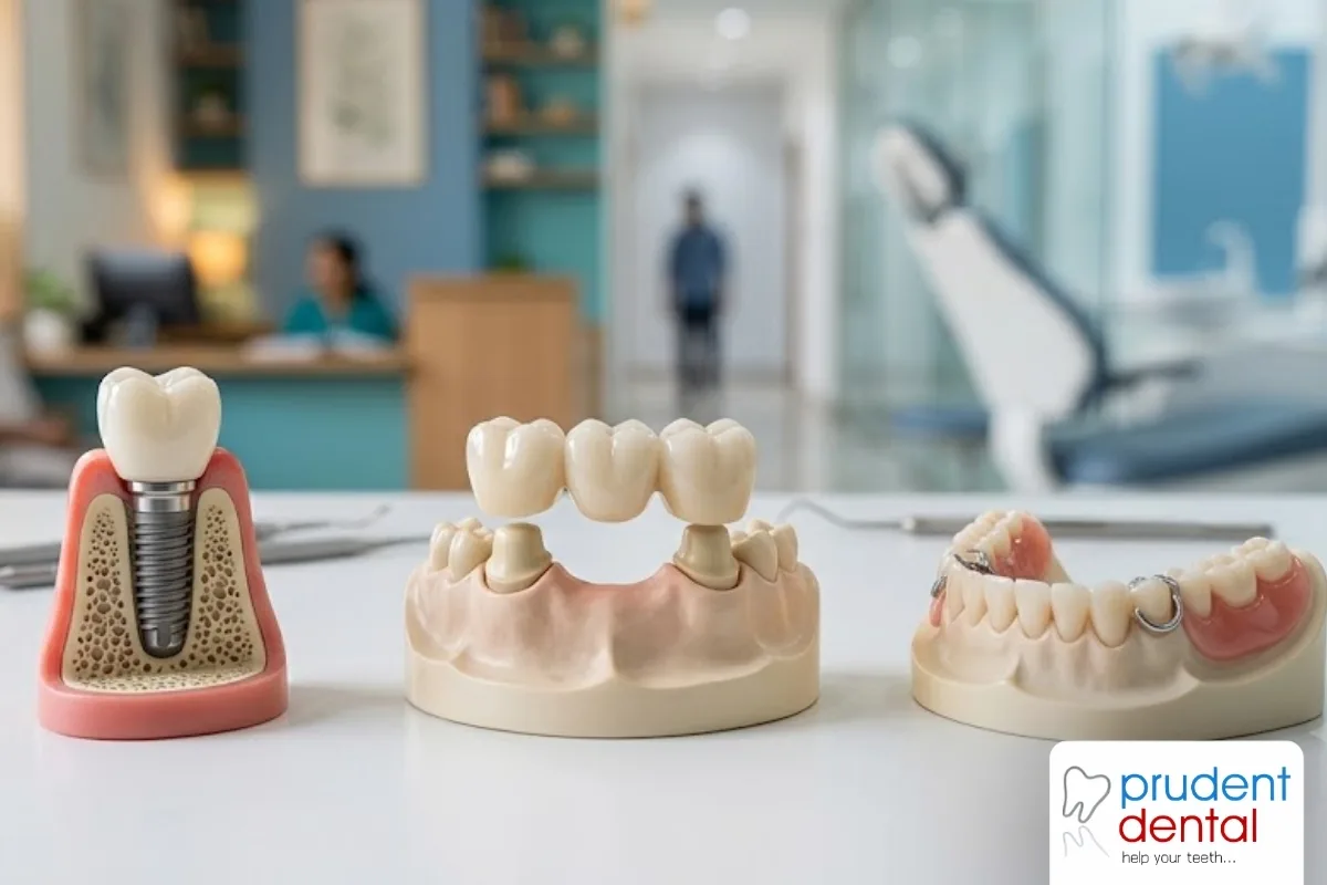 Dentist discussing tooth replacement options with a patient in a modern dental clinic treatment room