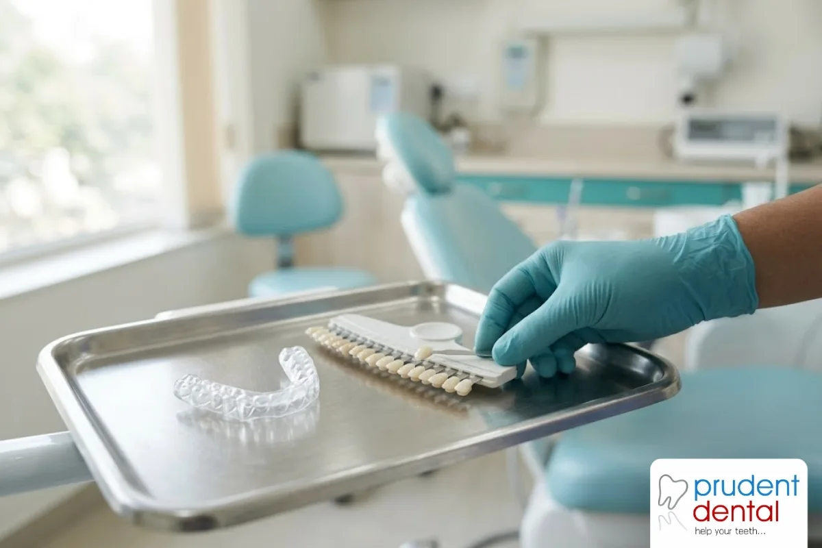 A dentist carrying out a teeth whitening treatment for a patient in a modern dental clinic treatment room