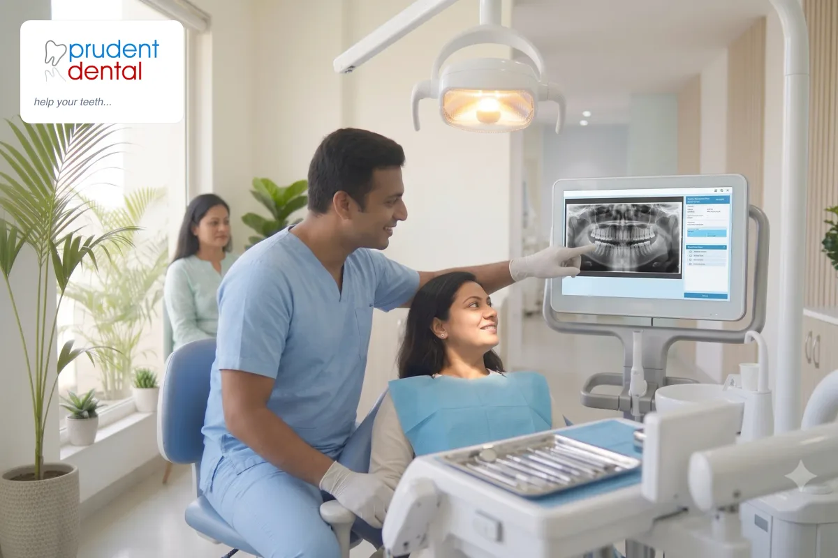 A dentist examining a patient's jaw during a consultation at a dental clinic in Viman Nagar, Pune
