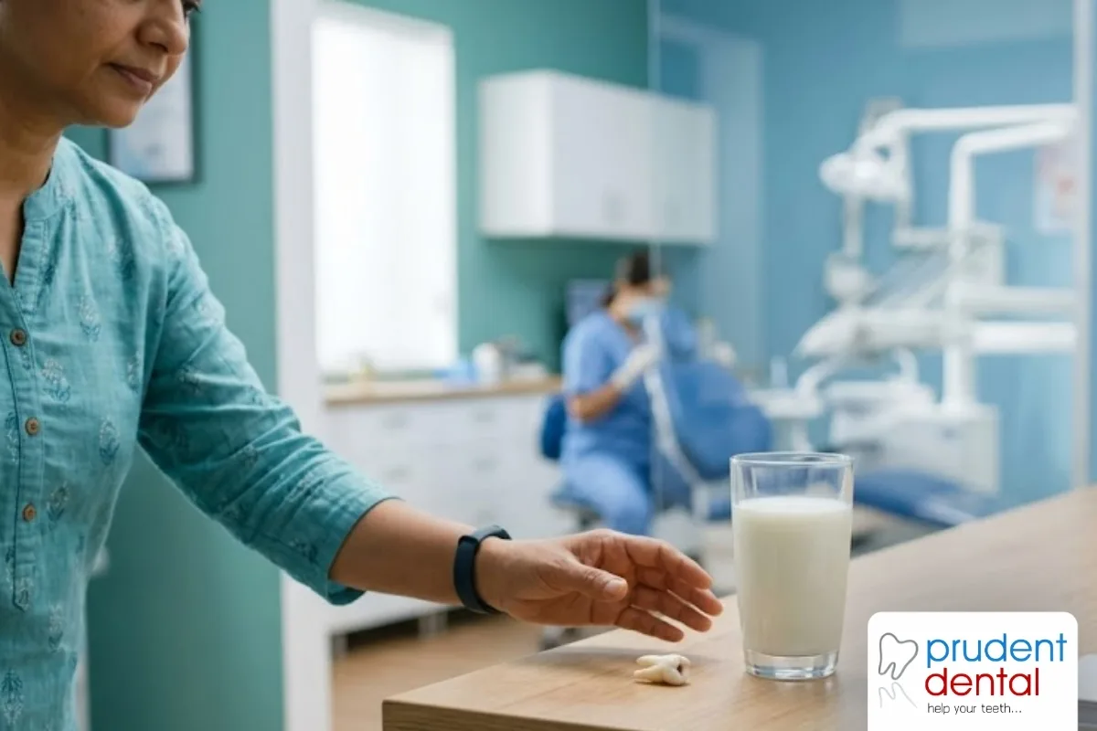 Dentist in a treatment room examining a patient's mouth during an urgent dental appointment