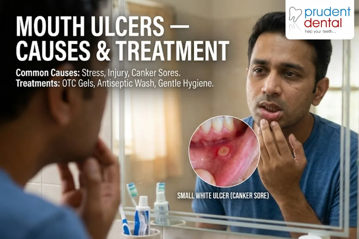 Close-up of a healthy mouth during a dental check, illustrating where common mouth ulcers appear