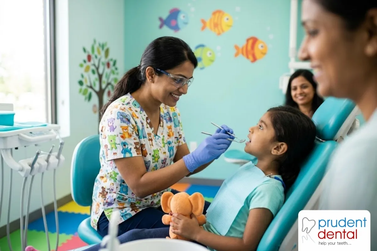 A paediatric dentist gently examining a young child's teeth during a treatment visit at a dental clinic