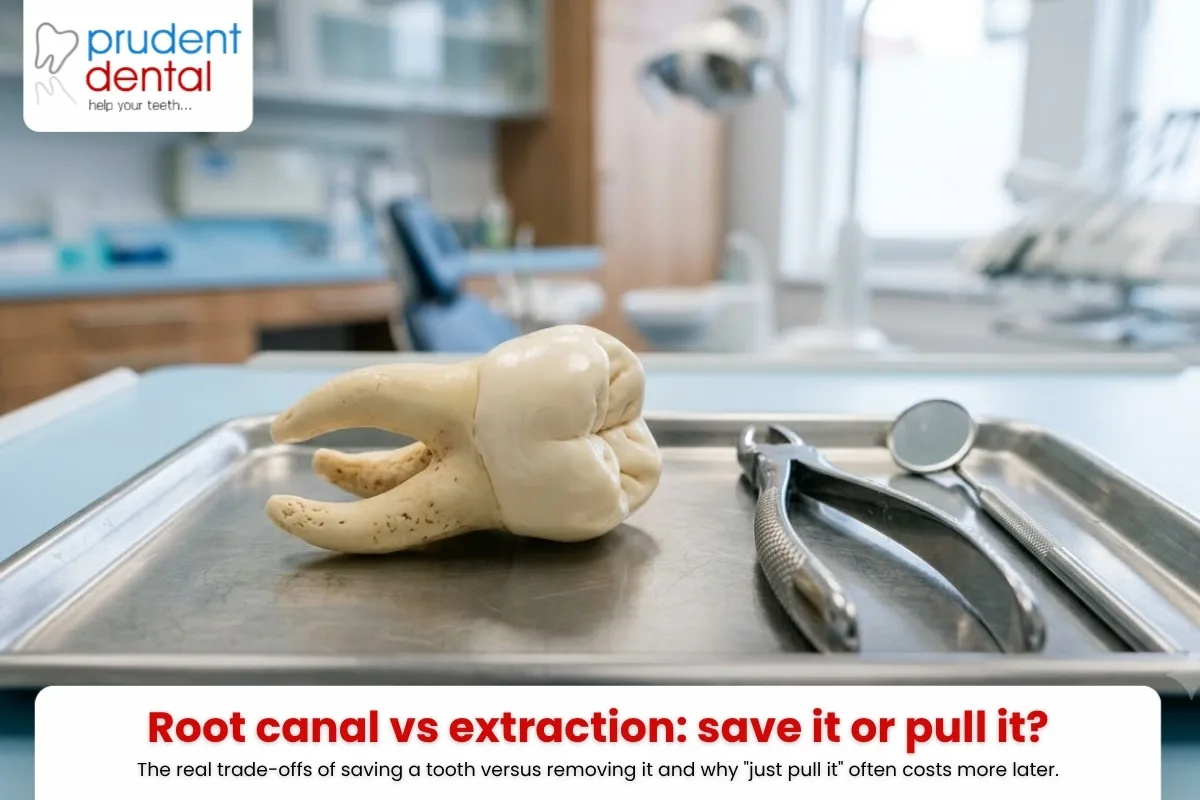 A molar tooth model on a clinical tray beside dental extraction forceps and a mirror
