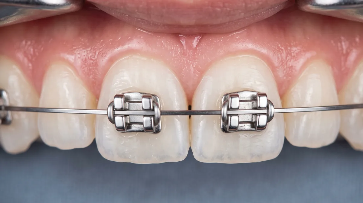 Close-up of self-ligating metal braces on upper front teeth, showing the brackets holding the archwire without elastic ties