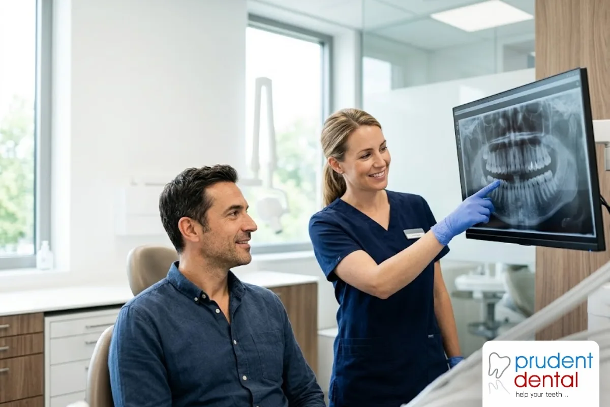 A dentist reviewing an X-ray with a patient before root canal treatment at a dental clinic in Viman Nagar, Pune