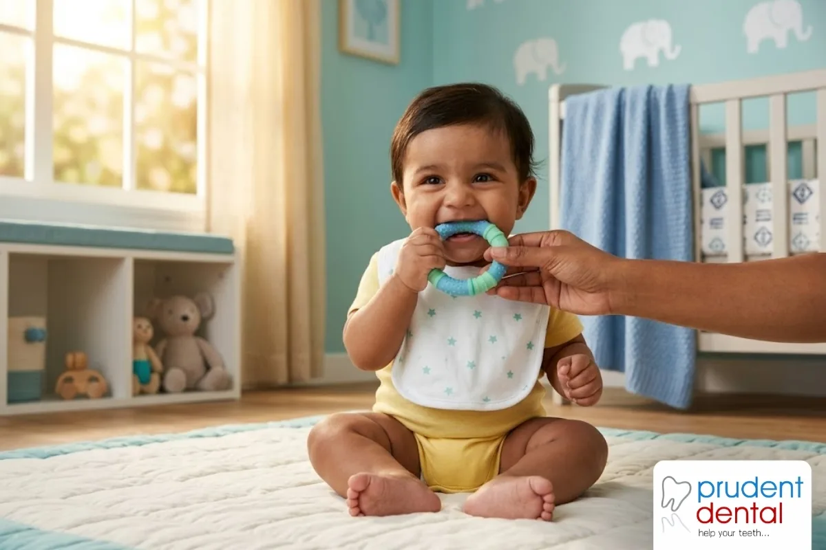 Dentist gently examining a smiling baby's mouth during a check-up at a dental clinic, with a parent close by