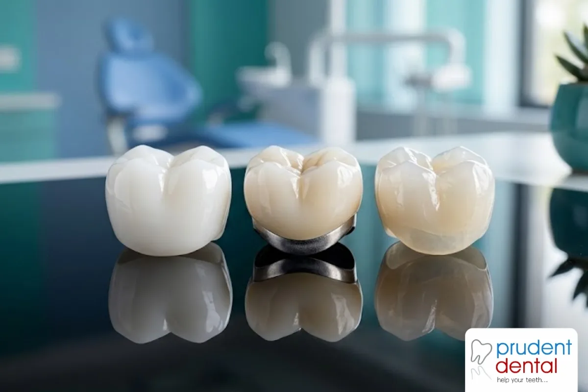 Dentist checking the shade of a ceramic crown against a patient's natural teeth during a fitting at a dental clinic