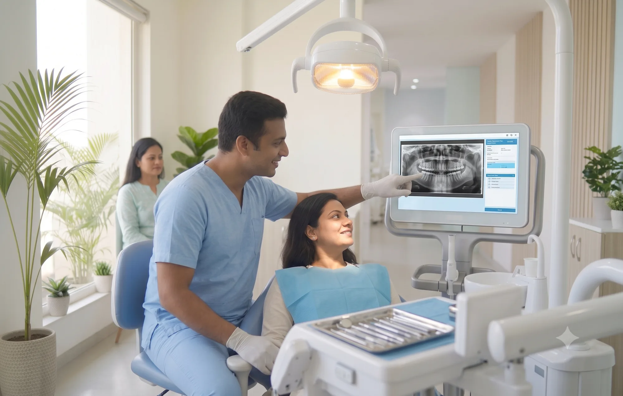 Dentist matching a tooth-coloured filling to a patient's natural tooth shade